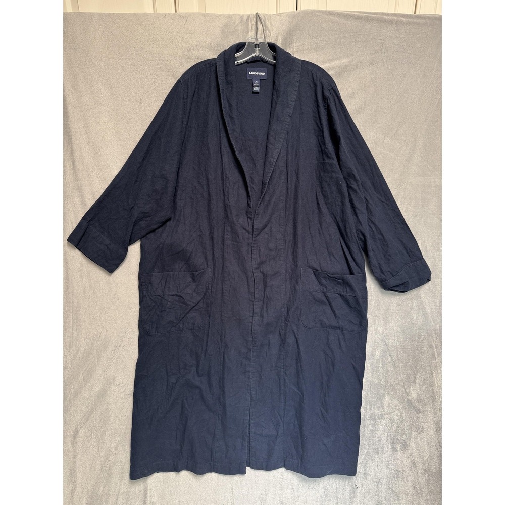 Lands' End Robe Mens Medium Navy Blue 100% Cotton 3/4 Sleeve Pockets Lounge